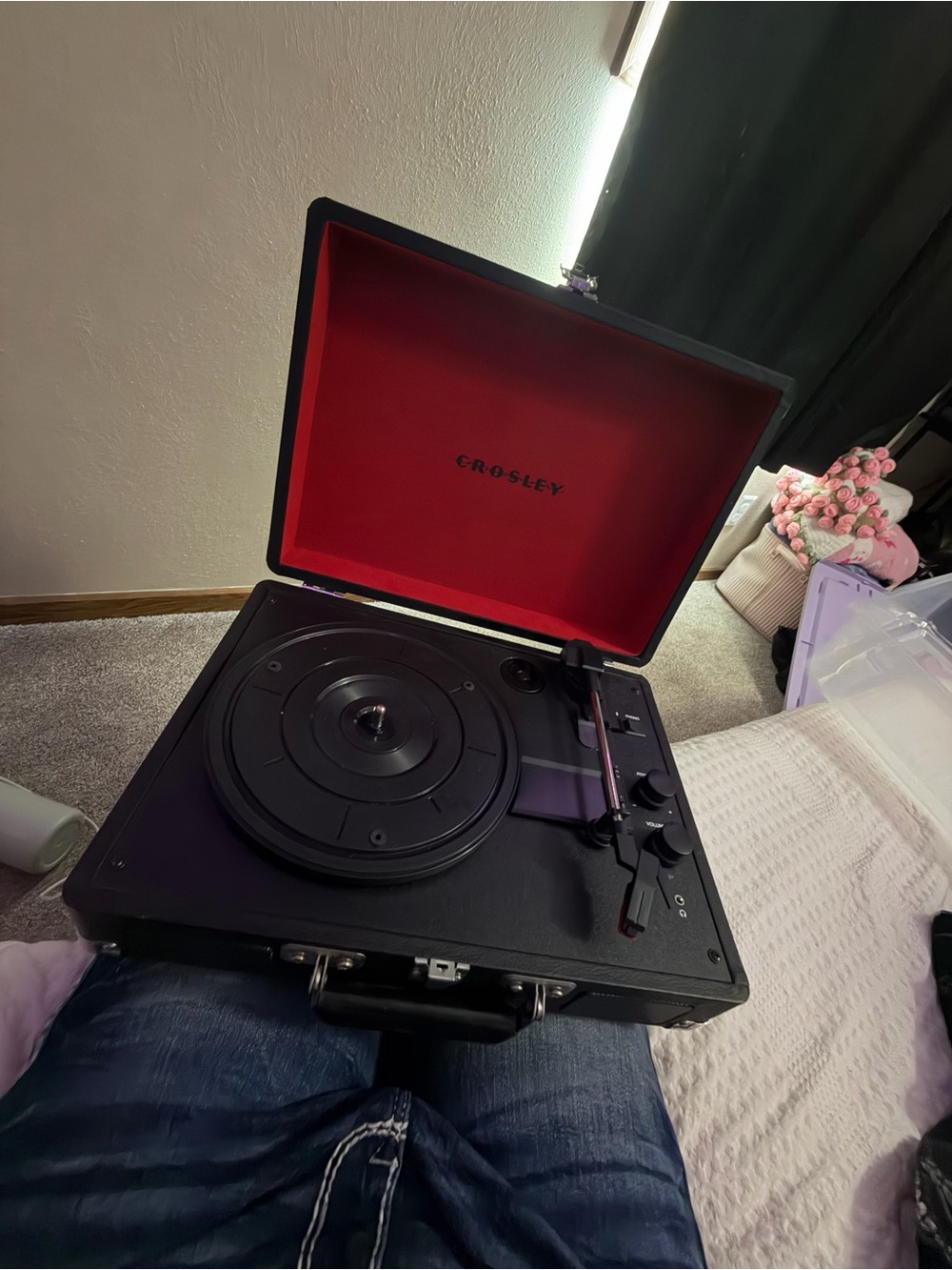 Crosley Portable Suitcase Turntable in Black with Red Interior